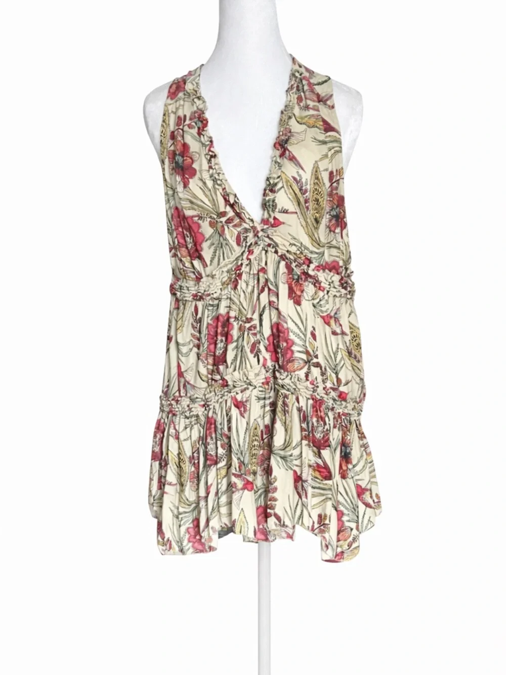 Free People Tiered Layered Floral Bird Print Blouse Top Tunic Small Boho